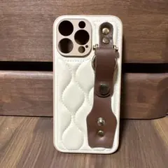 iPhone15プロマックス用キルティングケース ブラウンストラップ付きiP