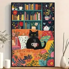 アートポスター　オレンジソファと猫　3040 　キャンバスアート　ポスター