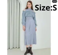 MERCURYDUO 異素材チュールドッキングオフショルニットワンピース ブルー