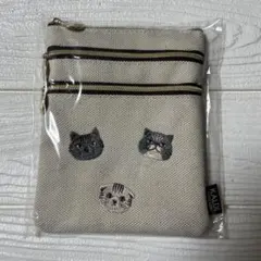 KALDI 猫刺繍 3ポケットポーチ