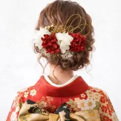 ドライフラワー髪飾り 水引き 赤ヘア飾り 成人式振袖 前撮り 結婚式和装 浴衣のサムネイル