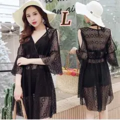 新品【L】3点セット　レースブラウス付き　水着　ビキニ　体型カバー　ブラック