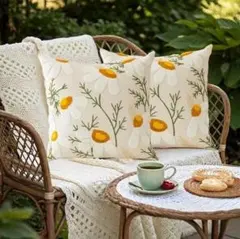 2枚セット　刺繍風　デイジー　片面プリント　クッションカバー66　インテリア