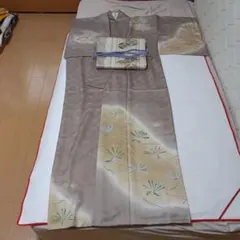 【フルセット】訪問着→地紋　刺繍　枝松文　金彩　正絹　袷　逸品、袋帯→正絹　七宝のサムネイル