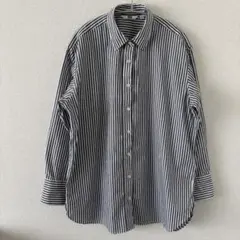 美品 ストライプ コットン オーバーサイズ シャツ Ｌ 紺 白 ユニクロ 長袖