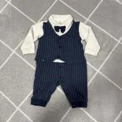 タキシード風 ロンパース ネイビー ストライプ 蝶ネクタイ付き 男の子 80
