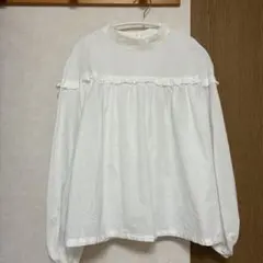ハンドメイド ホワイトコットンフリル長袖シャツ