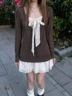 ボウタイ　トップス　ワンピース　レイヤード　森ガール