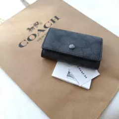 現行・未使用 コーチ ペブルレザー Lジップ キーケース ブラック COACH
