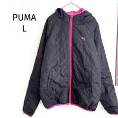 プーマ 中綿キルティングジャケット フード付 バイカラー 防寒　黒×ピンク