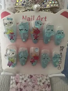 1点のみネイルアート 猫と魚のデザイン XSサイズ