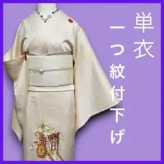 M2704★ 着物淡雪 ★単衣★ 正絹　刺繍一つ紋付下げ　手刺繍　御所車に花