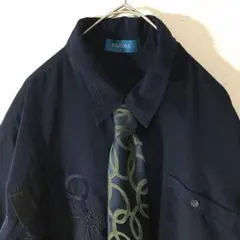 【個性派古着】ネクタイ＆長袖デザインシャツ　豪華刺繍入り　紺色　メンズ LL