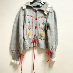zara ジャガードカーディガン　フラワー刺繍　グレー　リボン