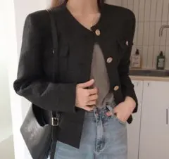 DHOLIC ラウンドネックツイードジャケット 黒