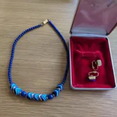 【美品・箱付き】ネックレス＆イヤリングセット ブルー系 青色 ビーズアクセサリー