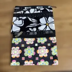 LeSportsac 花柄ポーチ 中型 黒/白　２点