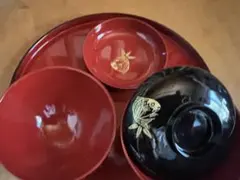 北野天満宮　お食い初め 漆器セット 黒赤 魚模様