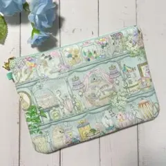 ユキエモン　キャビネット　猫　ミント　ふんわり　少し大きめ　フラットポーチ【L】のサムネイル