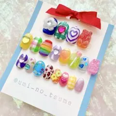 オーダー】 ネイルチップ 個性派 ピンク 水色 ポップ 原宿 ぷっくり