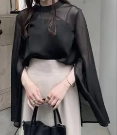 JUNOAH スリットスリーブシアーブラウス ブラック