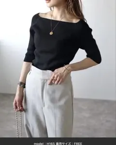 Bonjour Sagan スクエアネック五分袖リブニット　ボンジュールサガン