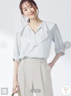 美品　組曲　ブラウスライクジャージーボリュームネック カットソー