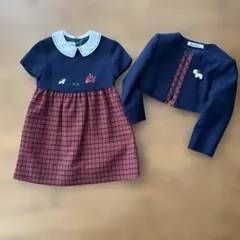 ファミリア　100cm ネイビー 赤 チェック ワンピースとボレロセット