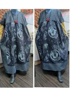 墨染めの鯛柄と縞絣のワンピース　　　古布リメイク