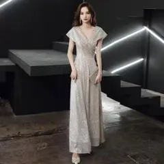 ビジュー付きVネックロングドレスxxL