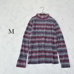 フリース 長袖 カットソー ハイネック ノルディック柄 Mサイズ 総柄 M