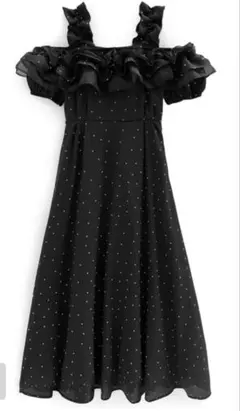 GRL ドット柄フリルオフショルダーフレアロングワンピース[ru1165] 黒