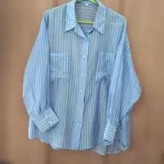 ストライプ柄 シアーシャツ 長袖 ブルー