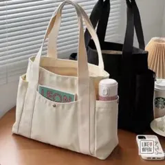 キャンバス トートバッグ 大容量 A4 肩掛け 手提げ 通勤 通学 白 ホワイトのサムネイル