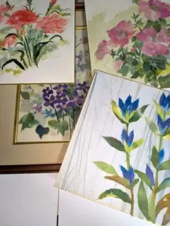 壁掛けと花のアートパネル 4枚セット 切り絵風