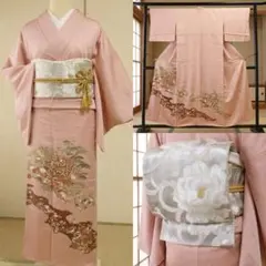 美品　正絹　色留袖　袋帯　三つ紋　ピンク　金彩　４点フルセット　入学式　結婚式