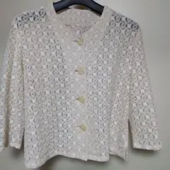 クリーム色のレース編みノーカラーレディースカーディガンジャケット Mサイズ