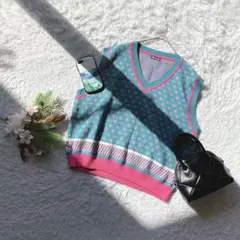 【RELACHE】 (M) ニットベスト ターコイズ ピンク 色合いレトロカラー