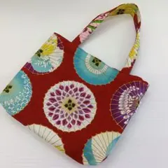 /『手提げ』ハンドメイド 赤 番傘柄 花見 お散歩 和柄