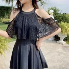 水着 レディース 体型カバー オフショル 黒 L 2way タートル 韓国