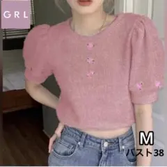 상태매우좋음 GRL 花柄刺繍ショート丈半袖ニット ピンク M リブ パフスリーブ秋冬