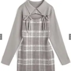 グレイル　チェック柄フロントオープンリボンニットミニワンピース