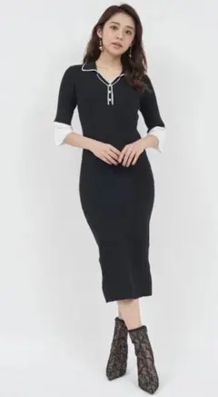 最終値下げ‼️ロイヤルパーティ 衿付配色ニットタイトワンピース