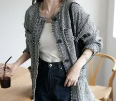 ノーカラーツイードジャケット 黒白