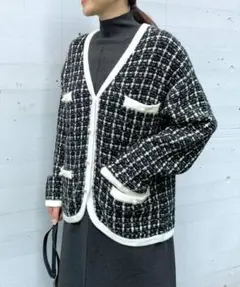 パールボタン ニットジャケット ツイード スエード ノーカラー celford