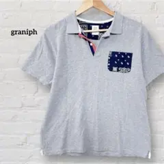 グラニフ graniph 半袖ポロシャツ S グレー バンダナ柄 ポケット付きのサムネイル