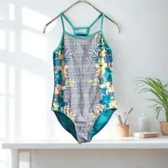 【美品】女の子用花柄ワンピース水着 青 サイズ120cm ブルー