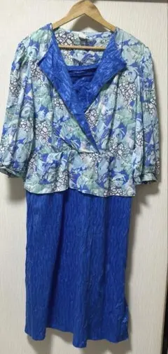 花柄セットアップ風ワンピース青系・緑系婦人服