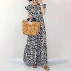 花柄 ロング ワンピース フリー ロング丈 マキシ丈 小花柄 夏 ネイビー 白