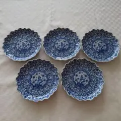 三洋陶器 龍峰窯 青華緑彩 和皿揃 5枚セット 中皿 輪花皿 染付 和食器